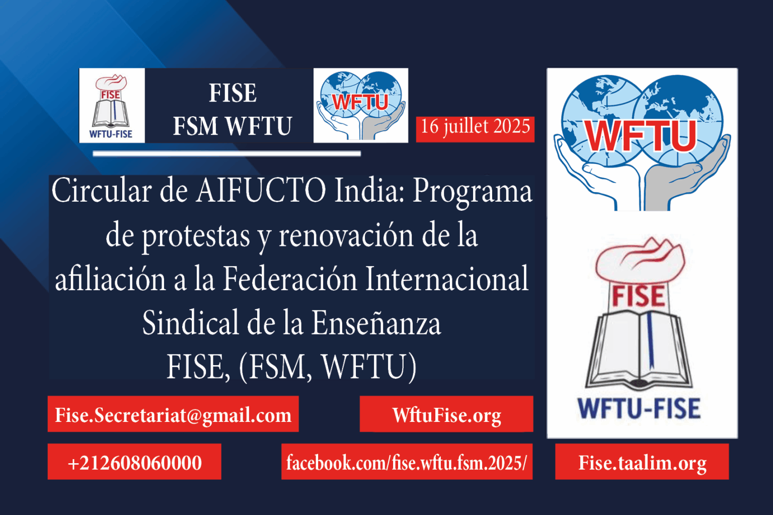 Circular de AIFUCTO India: Programa de protestas y renovación de la afiliación a la Federación Internacional Sindical de la Enseñanza (FISE, FSM, WSM) 16/7/2025